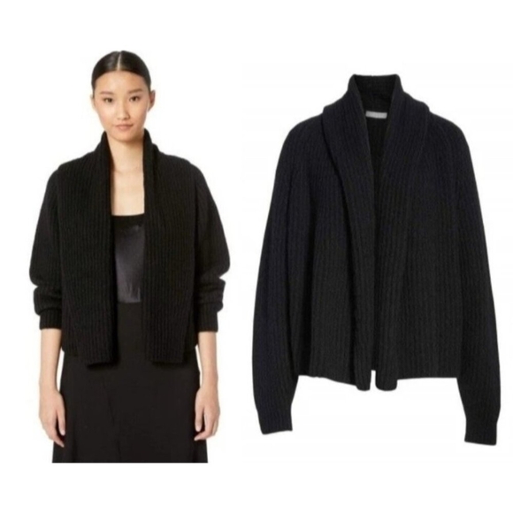Vince Oversize Shawl Collar Soft Plush WoolBlend Rib Knit Cardigan Black XS $465 - Picture 1 of 16